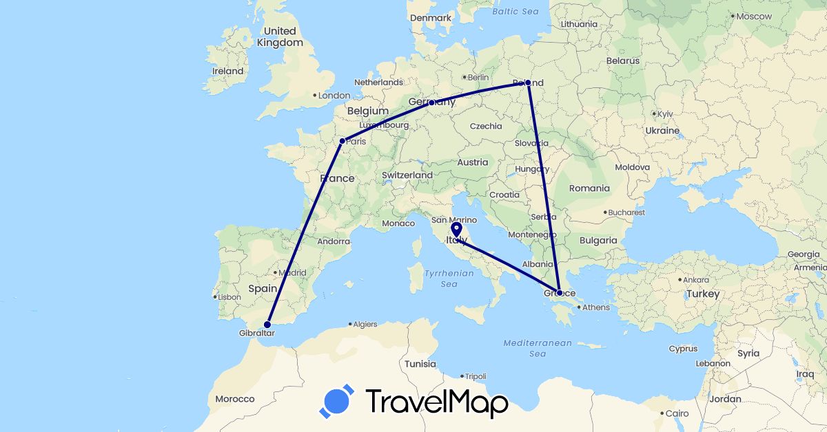 TravelMap itinerary: driving in Germany, Spain, France, Greece, Italy, Poland (Europe)
